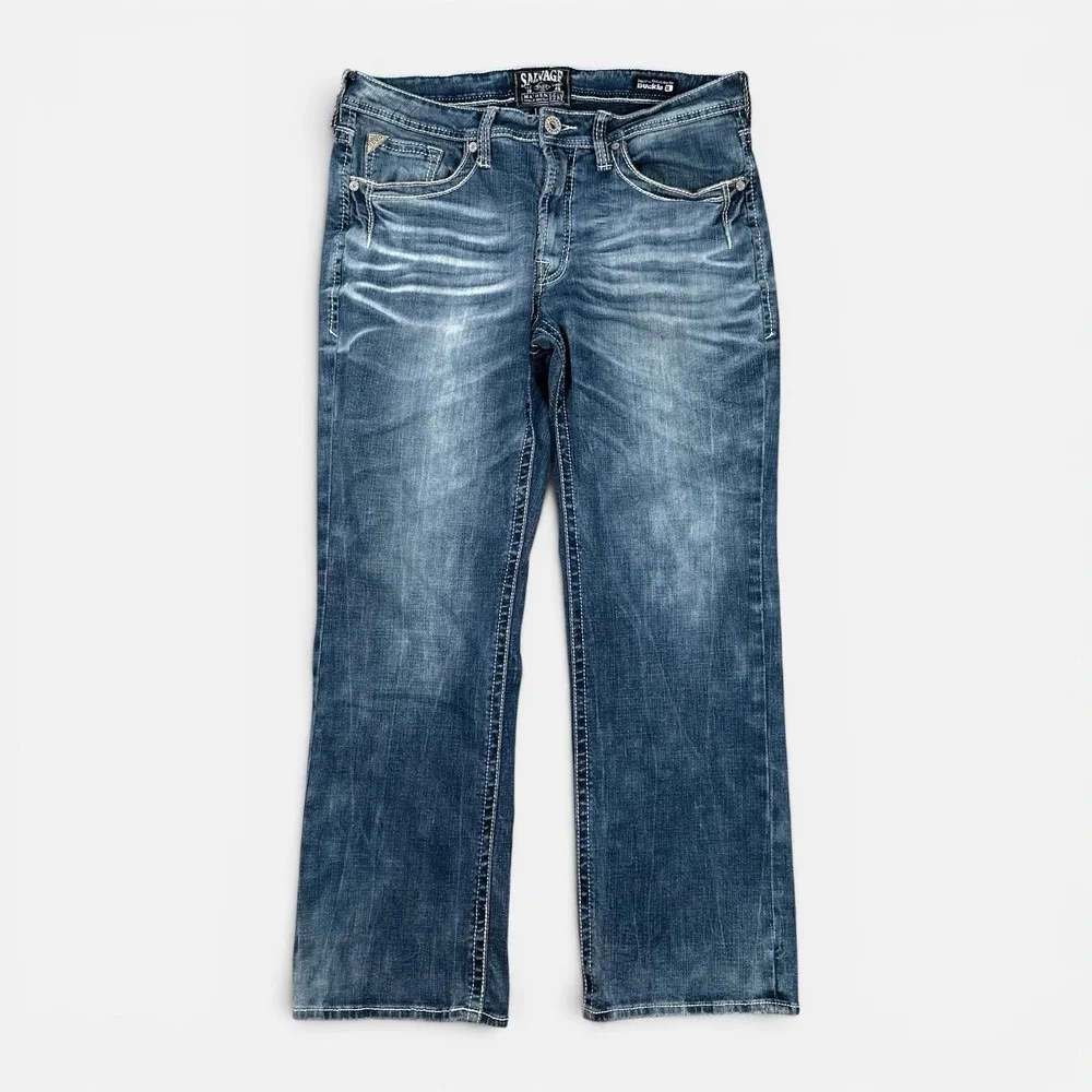 Salvage Supply Co 36x31* Mayhem Bootcut Jeans Blue Stretch Denim Thick Stitch